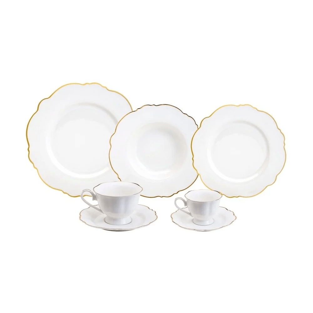 Jogo Jantar 42 Peças Porcelana Maldivas Branco Filete de Ouro